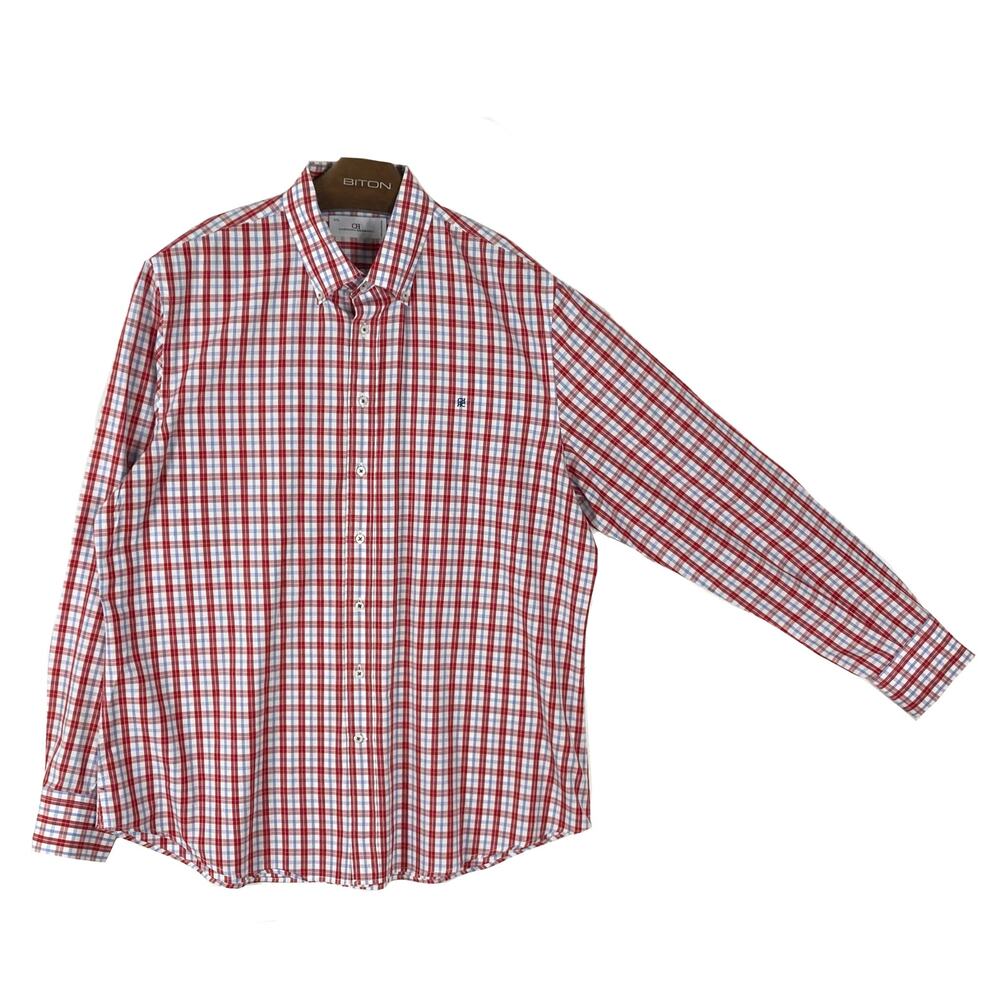 Nwot CAROLINA HERRERA Button Shirt Mens 17 1/2 Red-Blue Check-Print Cotton